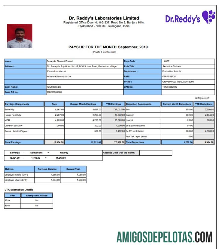 Reddy's Laboratories Limited Recheque de pagamento em formato PDF e Word amostra
